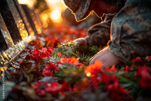 Solemn Memorial: Wreath Placement at Soldier's Grave Generative AI photo