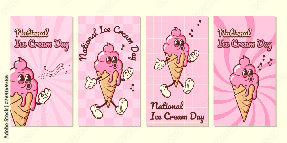 National Ice Cream Day in Retro Style Set stories. Vector illustration with groovy mascot