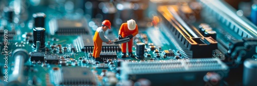 Selective focus of miniature engineer and worker fixed and repair CPU processor, mainboard computer and use for business background. worker's day, labor day photo