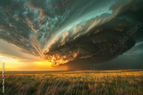 Supercell thunderstorm looming over a prairie, a rare meteorological phenomenon photo