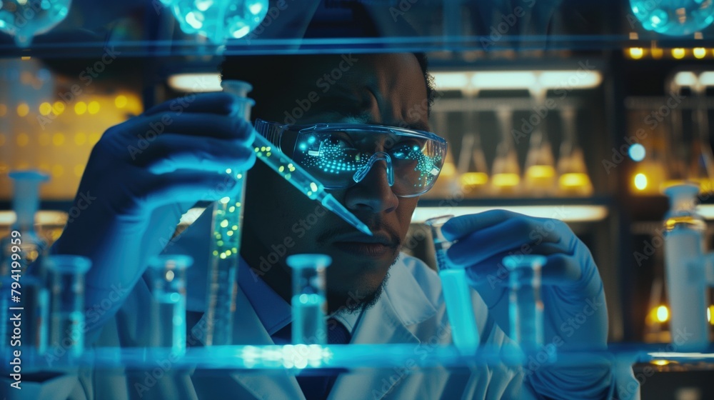 Obraz premium Close up futuristic bioengineer lab technician making tests using flasks and test tubes as well as AI digital technology with glowing viruses and bacteria making experiments using modern equipment