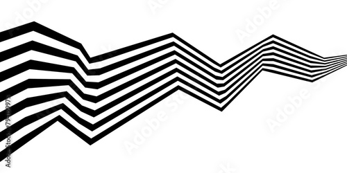 Black on white abstract geometric line pattern, perspective line stripes with 3d dimensional effect isolated on white.
