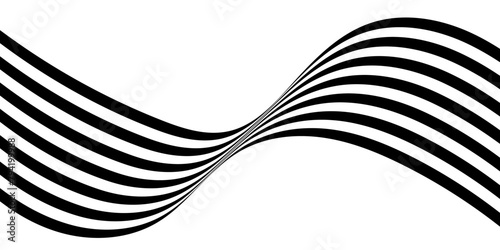 Black on white abstract geometric line pattern, perspective line stripes with 3d dimensional effect isolated on white.
