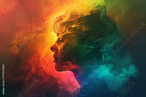 Emotional spectrum, colorful aura around a contemplative silhouette, psychological states