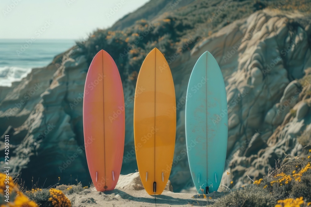 Colorful beach pointers, surfboard shapes, summer vibe
