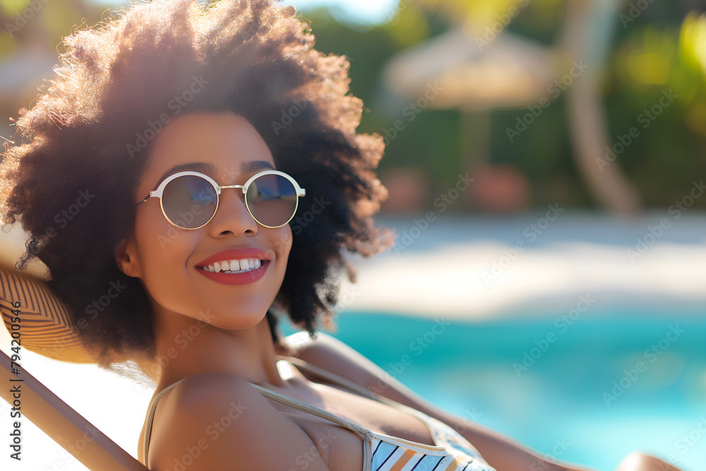 Happy Black Woman Relaxing On Deck Chair By Pool And Looking At Camera, Holiday Vacation Advertisement, Professional Photo Happy Black Woman Relaxing On Deck Chair By Pool And Looking At Camera, Holiday Vacation Advertisement, Professional Photo