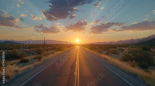 A road with a sunset in the background. The sun is setting and the sky is filled with clouds