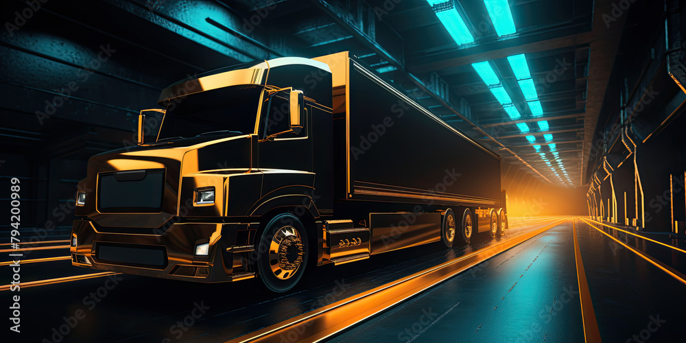A sleek futuristic truck adorned with neon lights glides through the night, casting a vibrant glow along its body.
