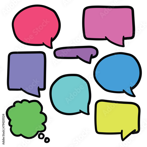 Hand drawn doodle colored set speech bubble on white background.