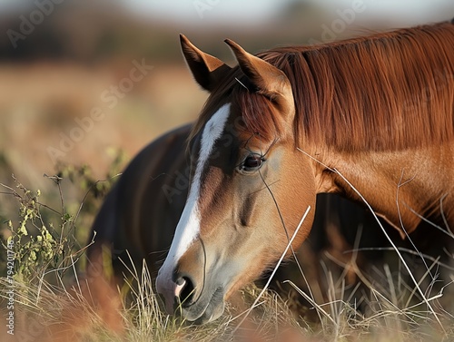 A brown horse with a white face is grazing in a field. The horse is looking to the right