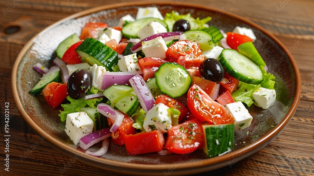 A salad with tomatoes, cucumbers, and olives on a white plate A salad with tomatoes, cucumbers, and olives on a white plate