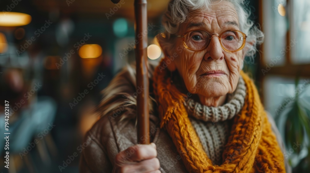 Elderly Woman Resting with Cane in Retirement Home Generative AI Elderly Woman Resting with Cane in Retirement Home Generative AI