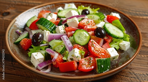 A salad with tomatoes, cucumbers, and olives on a white plate