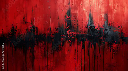 Illustrate an abstract expressionist backdrop with bold brush strokes primarily in shades of red and black, symbolizing passion and conflict.
