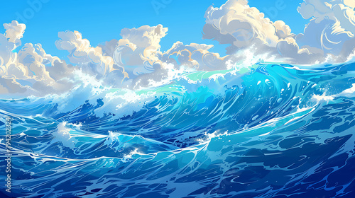 A painting of a wave crashing on a beach. The mood of the painting is calm and peaceful, as the wave is gentle and the water is clear. The painting captures the beauty of nature