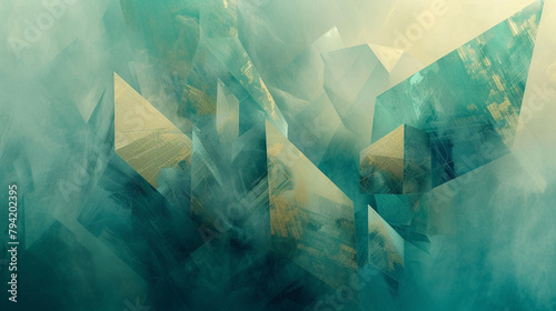 Geometric forms in shades of teal and gold emerge from the mist of a smoky paint background, creating a dynamic abstraction. photo