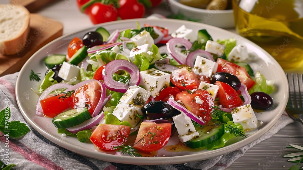 A salad with tomatoes, cucumbers, and olives on a white plate A salad with tomatoes, cucumbers, and olives on a white plate