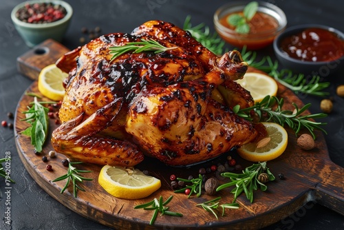 A roasted chicken with lemon slices and herbs on top of a wooden cutting board. The chicken is surrounded by a variety of spices and herbs, including rosemary and black pepper