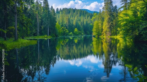 A tranquil lake nestled among towering trees, its mirror-like surface reflecting the lush greenery and vibrant colors of the surrounding forest canopy.