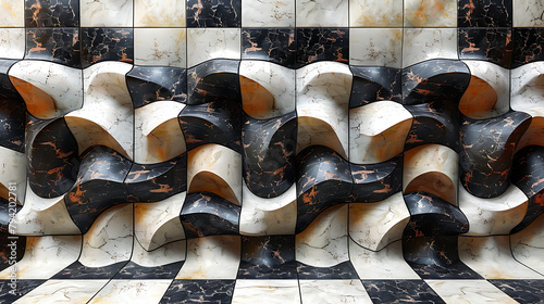 Illustrate an optical illusion that uses the café wall illusion, where parallel lines of black and white tiles appear to bend and diverge due to the placement of alternating colored tiles