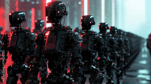 Dystopian chip rebellion, robots marching, dark scifi aesthetic, photo