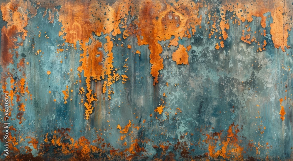 A wall with a blue background and orange splatters. The wall has a rustic, aged appearance - obrazy, fototapety, plakaty 
