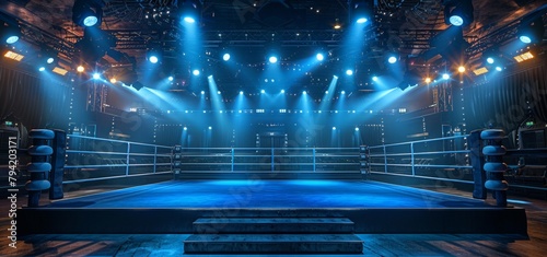 A boxing ring with blue lights shining on it. Scene is energetic and exciting