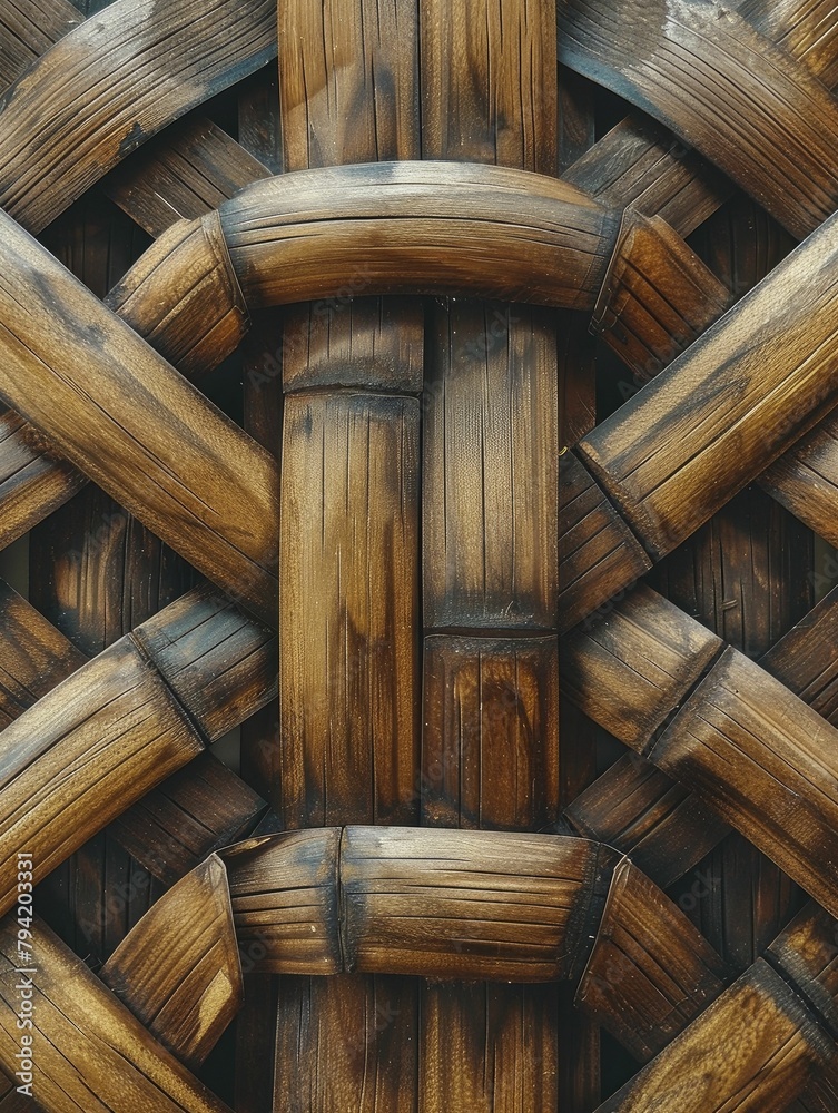 Obraz premium Highlighting the intricate symmetry of a meticulously carved bamboo pattern, emphasizing its organic texture and precise minimalist design.