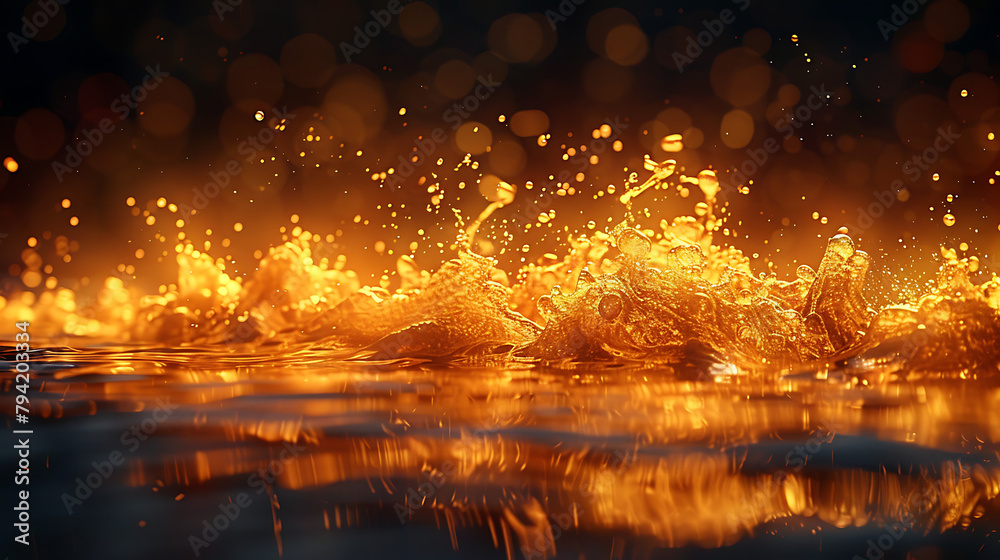 Produce a digital image capturing the dramatic effect of golden ink spilling into dark, still water.