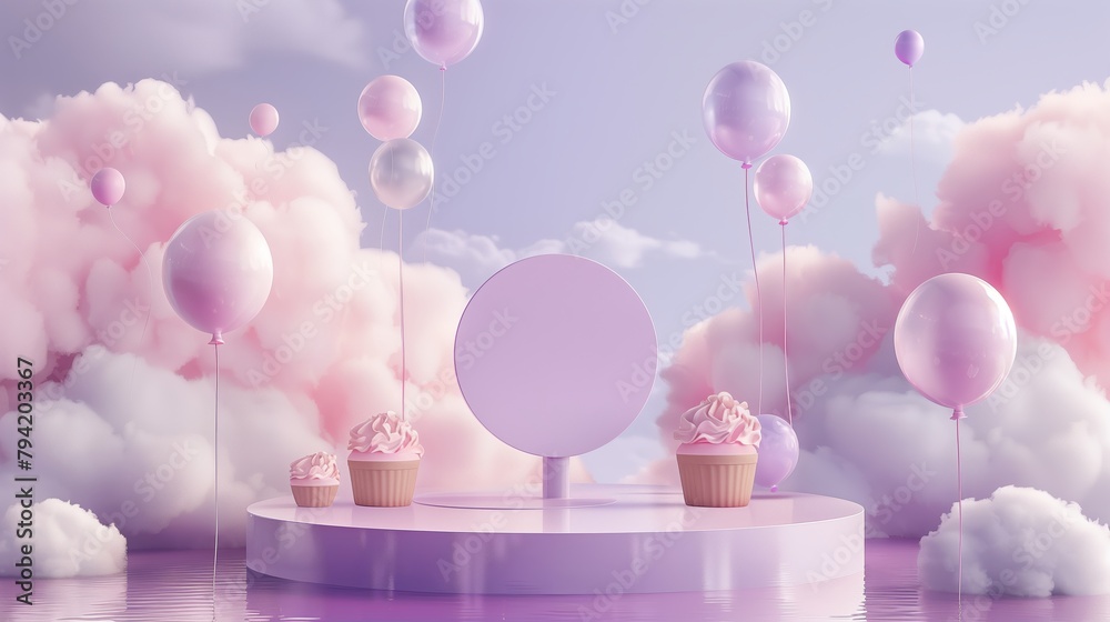 A light purple podium on the water, surrounded by clouds and balloons. A light purple podium on the water, surrounded by clouds and balloons.