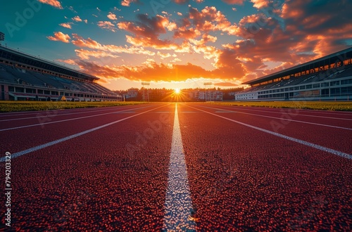 A track field with a white line down the middle. The sun is setting in the background. The sky is filled with clouds