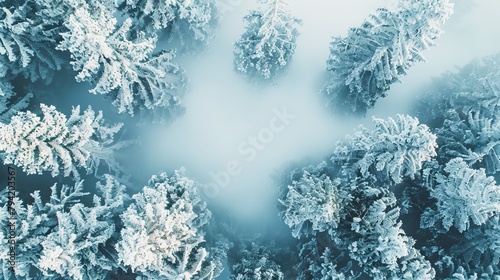A snowy and serene Christmas background featuring a frost-covered evergreen tree and twinkling icicles © Yuchen