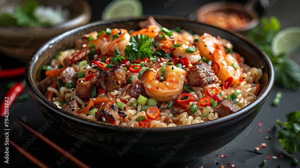 Delectable Instant Noodle Dish with Prawns and Meat Generative AI