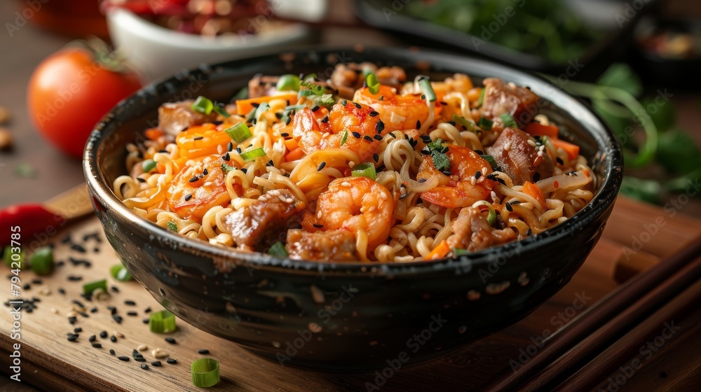 Savory Instant Noodle Bowl with Shrimp and Meat Toppings Generative AI Savory Instant Noodle Bowl with Shrimp and Meat Toppings Generative AI