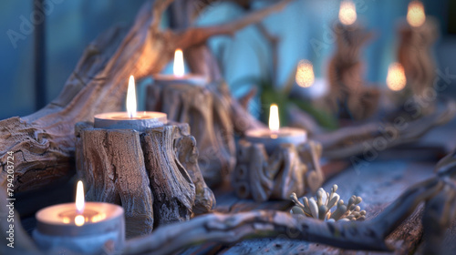 Décoration avec bois flotté et bougies, ambiance chaleureuse et apaisée photo