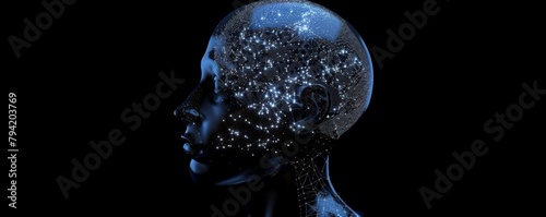 Graphic representation of the human head with a neural network brain, symbolizing ai and cognition