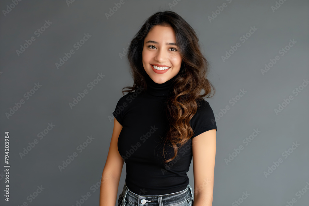 White Women Idol Style In Her 20s, Gray Background, High Angle, Black Short-sleeved Turtleneck, Tight Jeans, Smiling Brightly, Studio Photo White Women Idol Style In Her 20s, Gray Background, High Angle, Black Short-sleeved Turtleneck, Tight Jeans, Smiling Brightly, Studio Photo