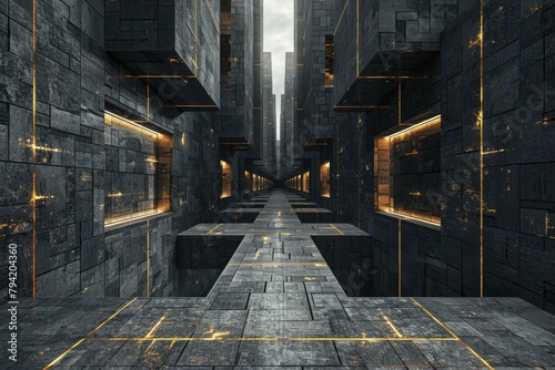 A stunning bas relief in black marble depicts a modern cityscape at night, showcasing glowing lights and precise symmetry in a minimalist fashion. photo
