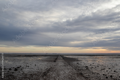 Pathway to the Thames at Westcliff, Essex, England, United Kingdom at sunset