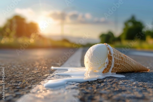 Fallen ice cream on the road. Ice cream melts on the asphalt. Heat stroke concept. Hot summer and accident. Background photo