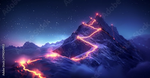 A mountain with a path of fire leading to it © top images