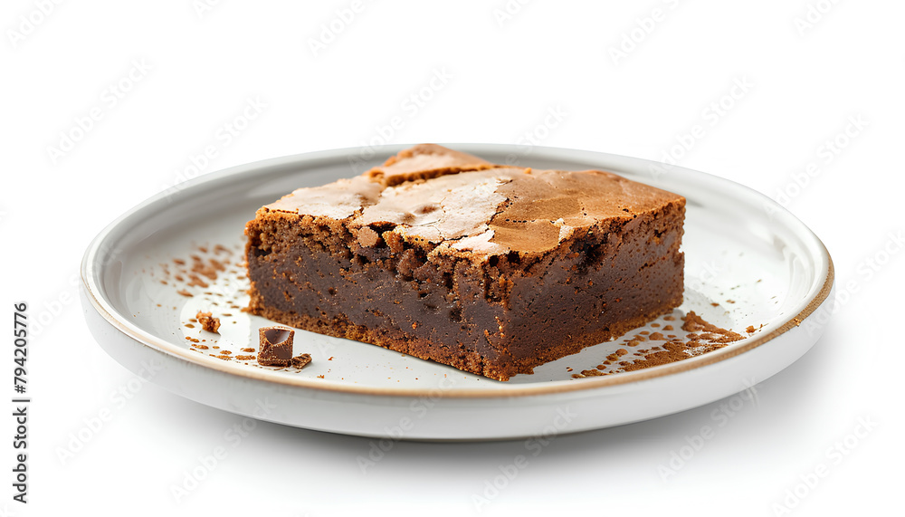 Plate with piece of tasty chocolate brownie isolated on white background