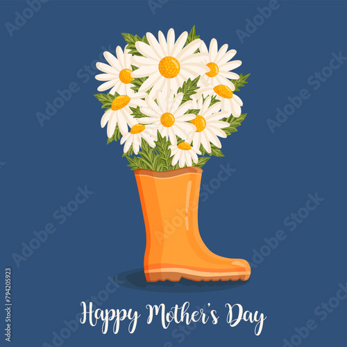 Mother's day greeting card. Bouquet of white chamomile flowers in rain boot. Botanical vector illustration isolated for postcard, poster, ad, decor and other uses.