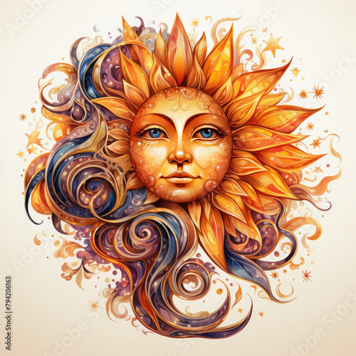 Watercolor Mystical Sun Illustration, Generative Ai