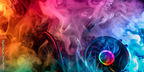 portrait of a  graphic card enveloped in dynamic red and blue smoke concept overheating or intense usage GPU featuring spinning cooling fans surrounded photo