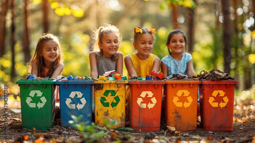 Children put recyclables in garbage cans. Ecology, sustainability concept