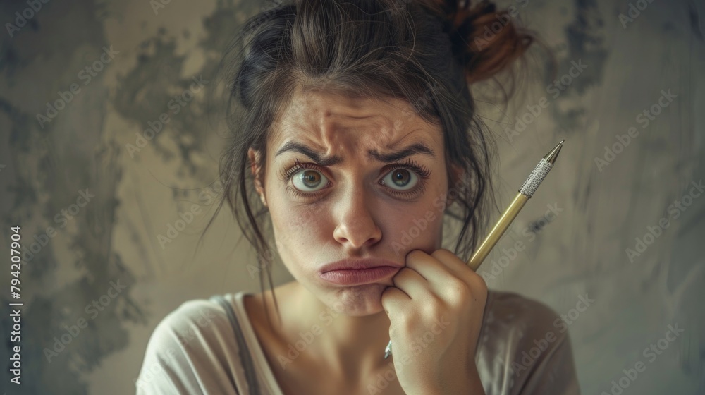 Obraz premium Woman with an exaggerated sad and frustrated expression whilst holding a pen