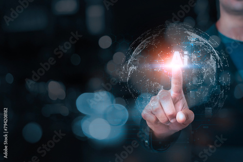 A businessman interacts with a futuristic AI interface, symbolizing global connectivity and artificial intelligence advancement..