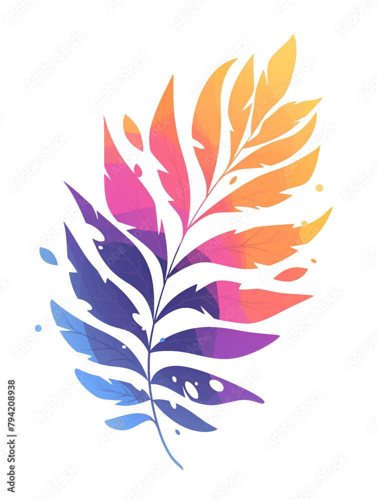 Magic colorful fern leaf illustration on transparent background. Flat style illustration, concept of the solstice holiday. Midsummer celebration concept.