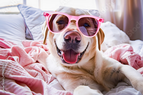 Chien amusant allongé sur un lit avec des lunettes roses et souriant © Concept Photo Studio